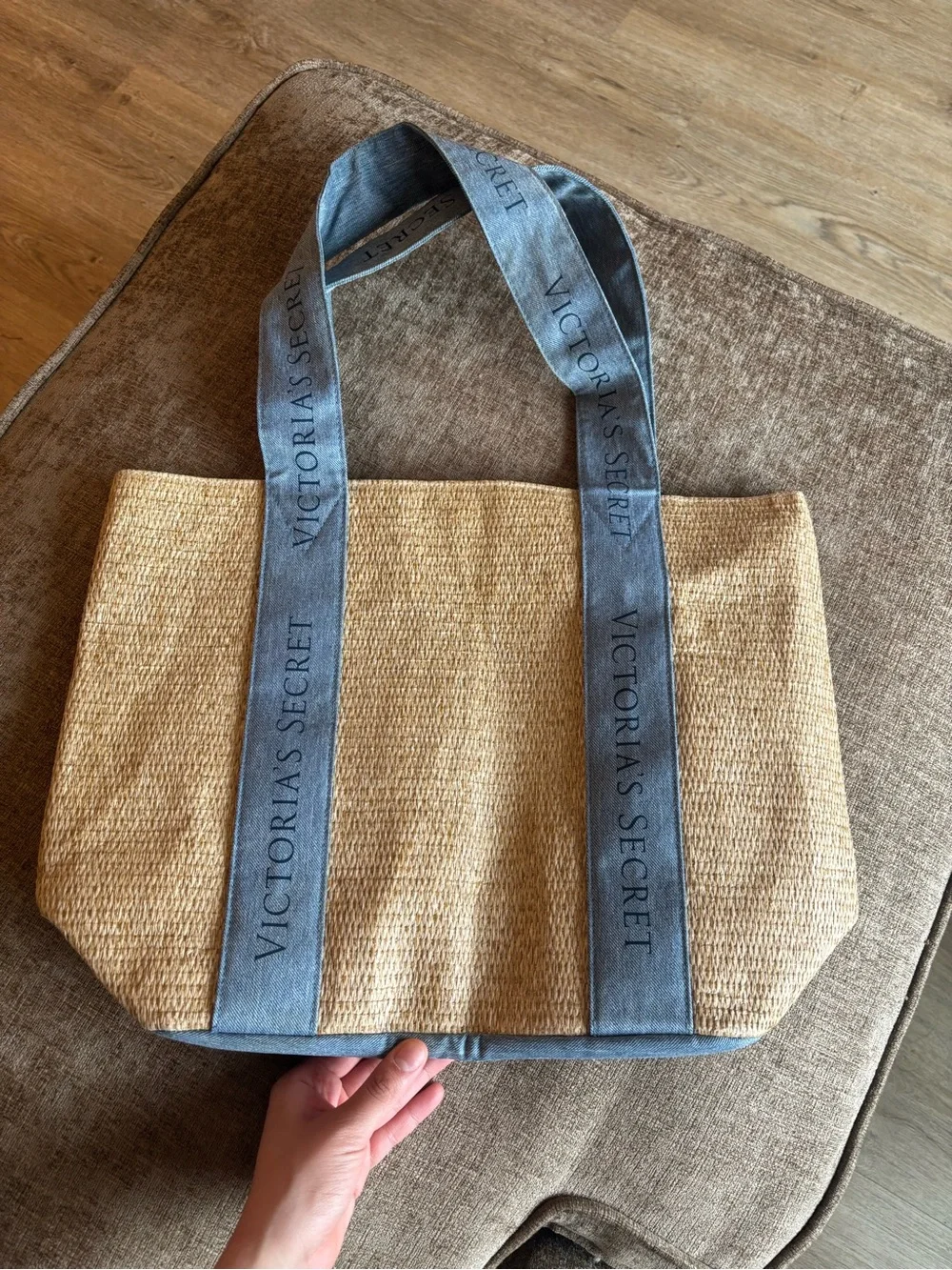 Victoria's Secret Natural Straw Tote with Denim Blue Logo Straps